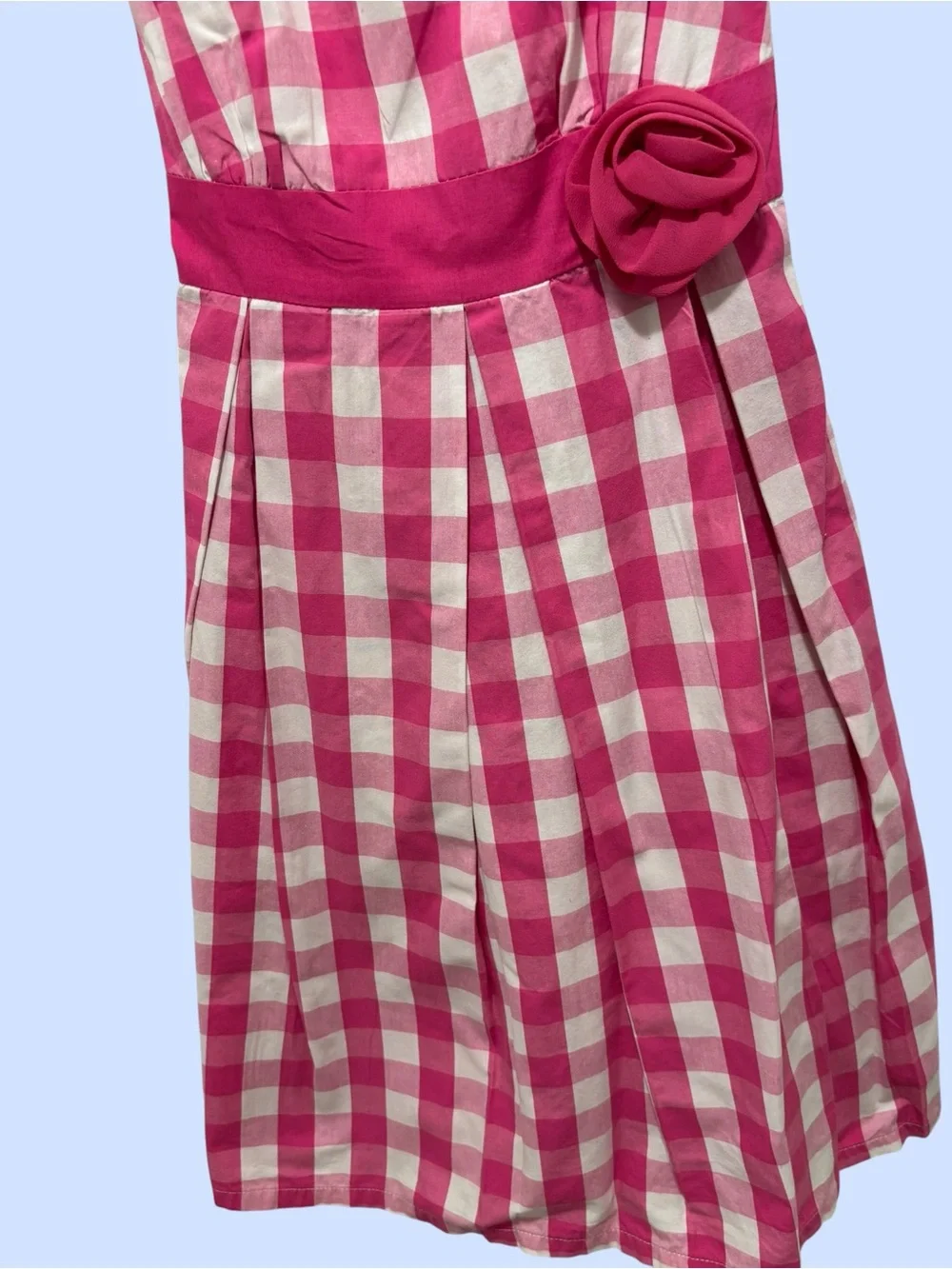 Basic Editions Pink & White Gingham Sleeveless Dress W Rosette Waist Size 10-12